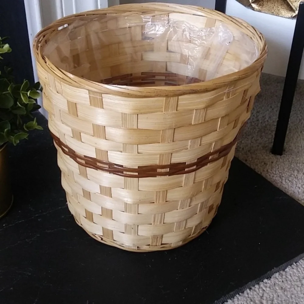 Woven rattan‎ planter basket two tones boho or waste basket trash home decor